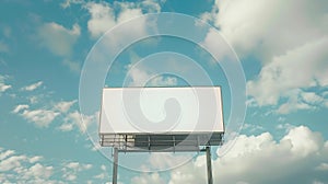 Generative AI Blank wide white billboard or large display against blue sky with white clouds  mock up Consumerism