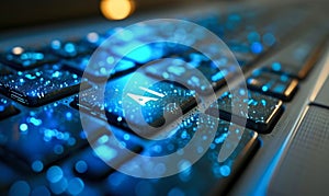 Blue AI button on a keyboard symbolizing artificial intelligence technology in modern computing and its integration into daily