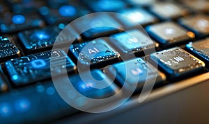 Blue AI button on a keyboard symbolizing artificial intelligence technology in modern computing and its integration into daily