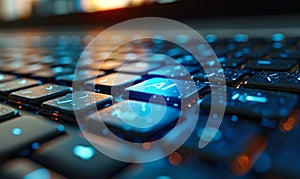 Blue AI button on a keyboard symbolizing artificial intelligence technology in modern computing and its integration into daily