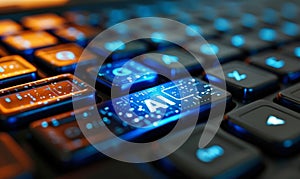 Blue AI button on a keyboard symbolizing artificial intelligence technology in modern computing and its integration into daily