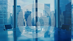 Generative AI BLUE OFFICE BACKGROUND WITH WINDOW LIGHT REFLECTIONS AND CITY VIEW business concept.