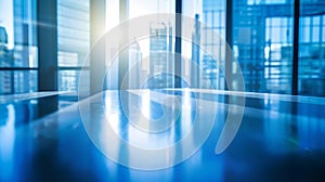Generative AI BLUE OFFICE BACKGROUND WITH WINDOW LIGHT REFLECTIONS AND CITY VIEW business concept.