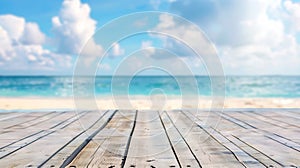 Generative AI The blur cool sea background with wood floor foreground on horizon tropical sandy beach relaxing out