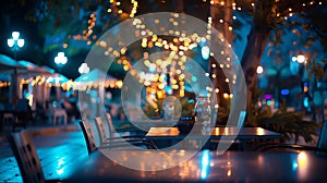 Generative AI Blur image of outdoor park restaurant with light up decoration on trees at night business concept.