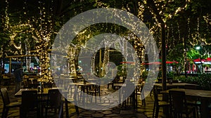 Generative AI Blur image of outdoor park restaurant with light up decoration on trees at night business concept.