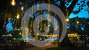 Generative AI Blur image of outdoor park restaurant with light up decoration on trees at night business concept.