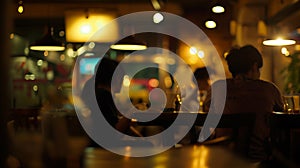 Generative AI Blur of people in night caferestaurant with lighting background business concept. photo