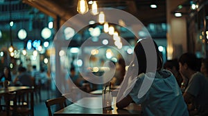 Generative AI Blur of people in night caferestaurant with lighting background business concept.