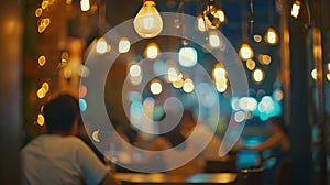 Generative AI Blur of people in night caferestaurant with lighting background business concept. photo