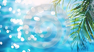 Generative AI Blur summer background for resort hotel pool party with blue cool sky and tropical palm tree busines