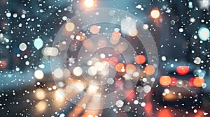 Generative AI Blurred background City view lights falling snow night street bokeh spots of headlights of moving ca