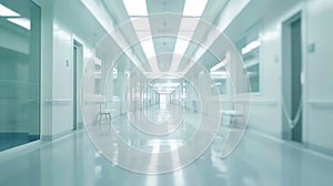 Generative AI Blurred background of an interior of a modern hospital with an empty long corridor there are treatme