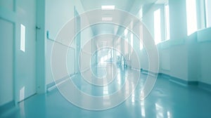 Generative AI Blurred background of an interior of a modern hospital with an empty long corridor there are treatme