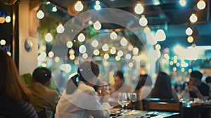 Generative AI blurred image at the restaurant night time many people in the restaurant eat and party happy relaxin