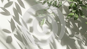 Generative AI Blurred shadow from leaves plants on the white wall Minimal abstract background for product presenta