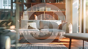 Generative AI Blurred view of modern living room with sofa and soft bench room interior with  couch armchair and c