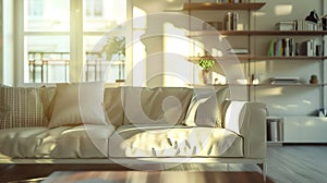 Generative AI Blurred view of modern living room with sofa and soft bench room interior with  couch armchair and c