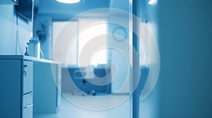 Generative AI BLURRED WINDOW IN MODERN BLUE OFFICE MEDICAL ROOM BACKGROUND business concept.