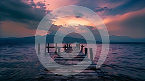 Generative AI Boat jetty and dramatic sky at lake Yamanaka Yamanashi business concept.