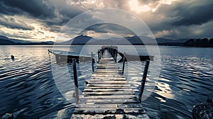 Generative AI Boat jetty and dramatic sky at lake Yamanaka Yamanashi business concept.