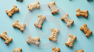 Generative AI Bone shaped dog cookies on light blue background flat lay business concept.