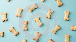 Generative AI Bone shaped dog cookies on light blue background flat lay business concept.