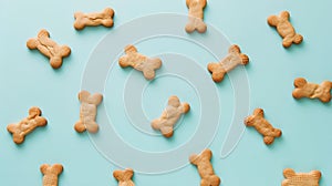 Generative AI Bone shaped dog cookies on light blue background flat lay business concept.