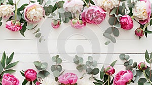 Generative AI Border frame made of pink and beige peonies flower buds eucalyptus branches and leaves isolated on w