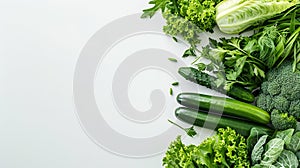 Generative AI Border of green raw vegetables on white background Top view of healthy organic food Flat lay Copy sp