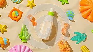 Generative AI Bottle mockup of sunscreen lotion with kids silicone beach toys on beige background Flat lay Top vie