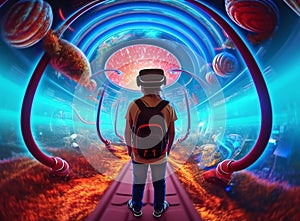 Generative AI Boy wearing VR and music headset in a tunnel