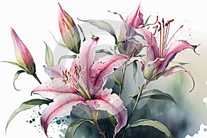 Generative AI. A branch close-up of a pink Lilies flowers. Watercolor painting illustration, isolated on white background