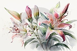 Generative AI. A branch close-up of pink Lilly flowers. Watercolor painting illustration, isolated on white background