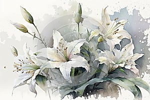 Generative AI. A branch close-up of white Lilly flowers. Watercolor painting illustration, isolated on white background