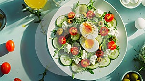 Generative AI Breakfast Greek salad and boiled eggs  Fresh vegetable salad with tomato  cucumbers olives arugula a