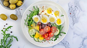 Generative AI Breakfast Greek salad and boiled eggs  Fresh vegetable salad with tomato  cucumbers olives arugula a
