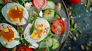 Generative AI Breakfast Greek salad and boiled eggs  Fresh vegetable salad with tomato  cucumbers olives arugula a