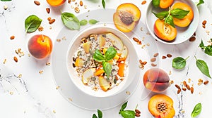 Generative AI Breakfast with muesli peach salad fresh peaches on white background Healthy food concept Flat lay to
