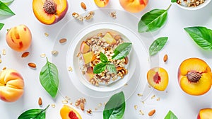 Generative AI Breakfast with muesli peach salad fresh peaches on white background Healthy food concept Flat lay to