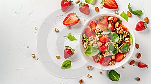 Generative AI Breakfast with muesli strawberry salad fresh fruit nuts on white background Healthy food concept Fla