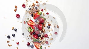 Generative AI Breakfast with muesli strawberry salad fresh fruit nuts on white background Healthy food concept Fla