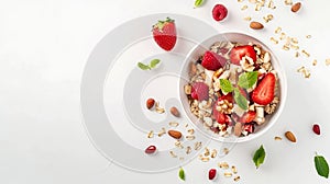 Generative AI Breakfast with muesli strawberry salad fresh fruit nuts on white background Healthy food concept Fla