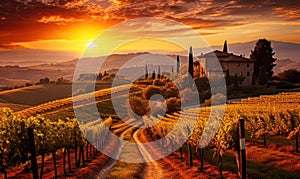 Breathtaking Sunset Over Lush Tuscan Vineyards with Rolling Hills, Historic Italian Architecture and Vibrant Autumn Foliage