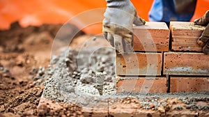 Generative AI Bricklayer laying brick on cement mix on construction site closeup Reduce the housing crisis by buil