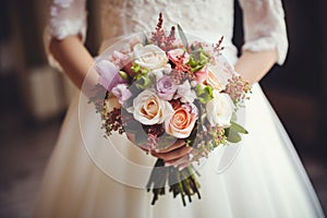 Generative AI bride in a white dress holds a beautiful wedding bouquet. Close-up view. Wedding decorations.