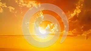 Generative AI Bright big sun and Fiery orange sunrise Dramatic golden sky at the nature background business concep