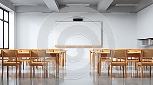 Generative AI Bright Classroom Interior with Empty Whiteboard and Wooden Desks Ready for Learning and Education bu