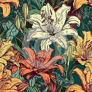 Generative AI Bright and Colorful Lily Flowers Seamless Pattern
