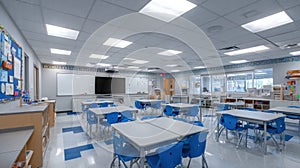 Generative AI Bright and Modern Elementary School Classroom Interior with Student Desks and Interactive Whiteboard
